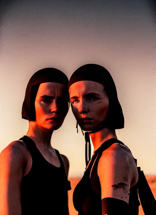 Image similar to cinestill 5 0 d photographic portrait of two loving female androids wearing rugged black techwear on a desolate plain with a red sky, extreme closeup, cyberpunk style, leather garters, dust storm, 8 k, hd, high resolution, 3 5 mm, f / 3 2, ultra realistic faces, ex machina