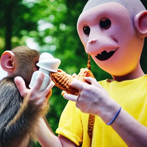 Image similar to a dslr 3 5 mm f 2 photograph of two monkeys worshiping a giant ice cream cone sent by aliens.