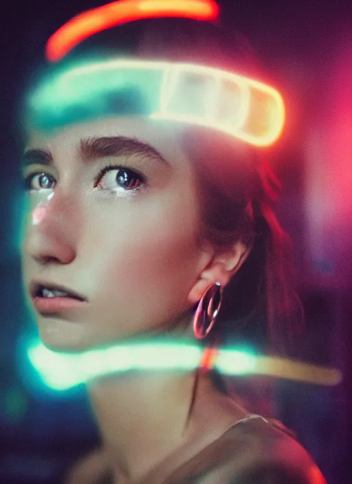 Image similar to A hyper realistic and detailed head portrait photography of young brunette female on a futuristic street. by David Dubnitskiy. Neo noir style. Cinematic. neon lights glow in the background. Cinestill 800T film. Lens flare. Helios 44m