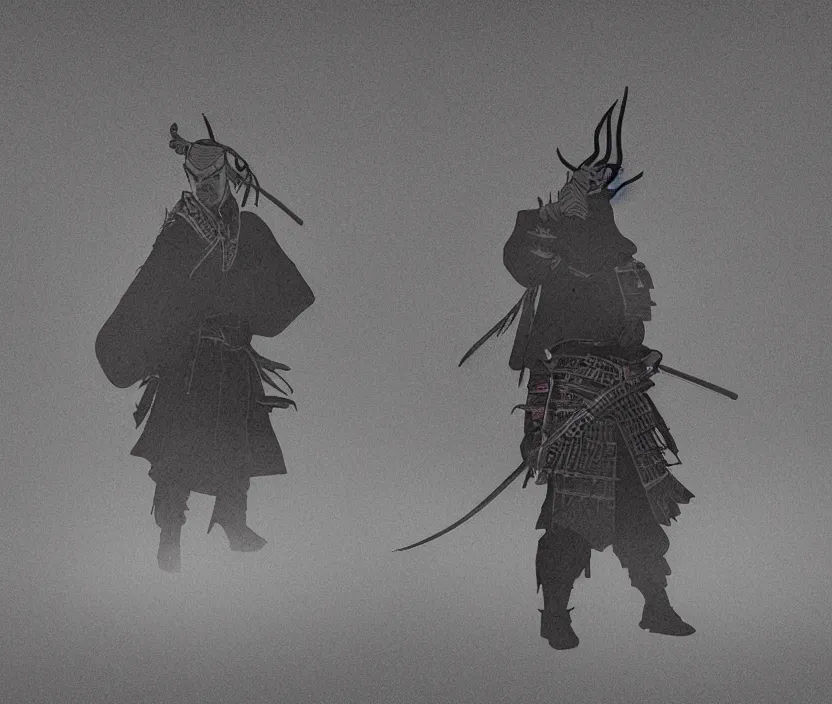 Image similar to '2d design graphic a samurai in the night ,big white moon background , gloomy and foggy atmosphere, octane render, horror scene, highly detailded style of Moebius, black and white ink '