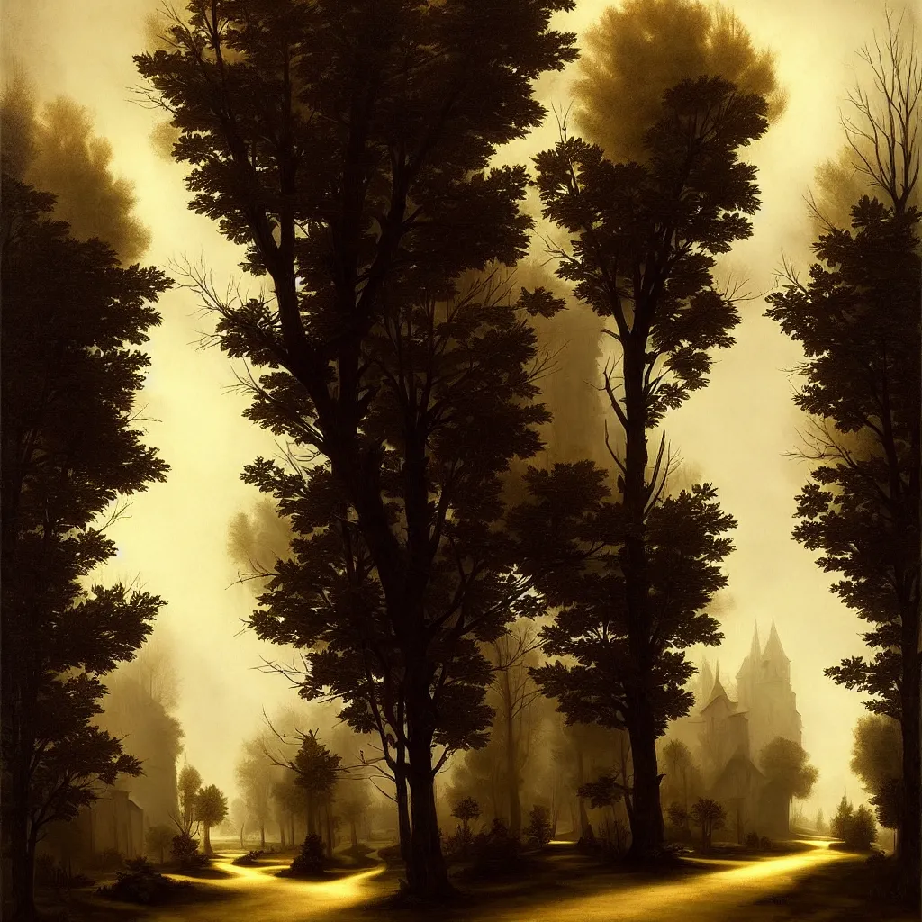 Image similar to in the style of gerald brom, caravaggio, beautiful small town, houses and buildings, 1 8 0 0 s, cobblestone roads, low light, end of day, trees, forest in the distance, light mist