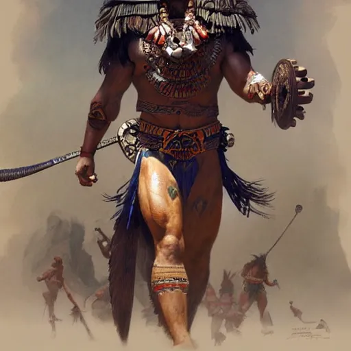 Prompt: an aztec warrior, athletic, face paint, muscular, intricate, highly detailed, digital painting, artstation, concept art, sharp focus, illustration, art by greg rutkowski and alphonse mucha