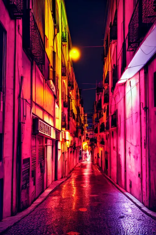 Image similar to neon streets of lissabon, 4 k, award winning photo, cyberpunk style