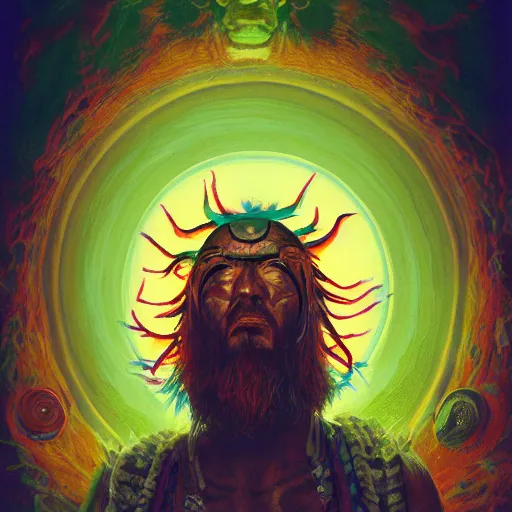 Image similar to ancient shaman staring intently at you, explosive color radiating from his mouth and eyes, by tyler edin and luke brown albert bierstadt moebius james gurney artstation