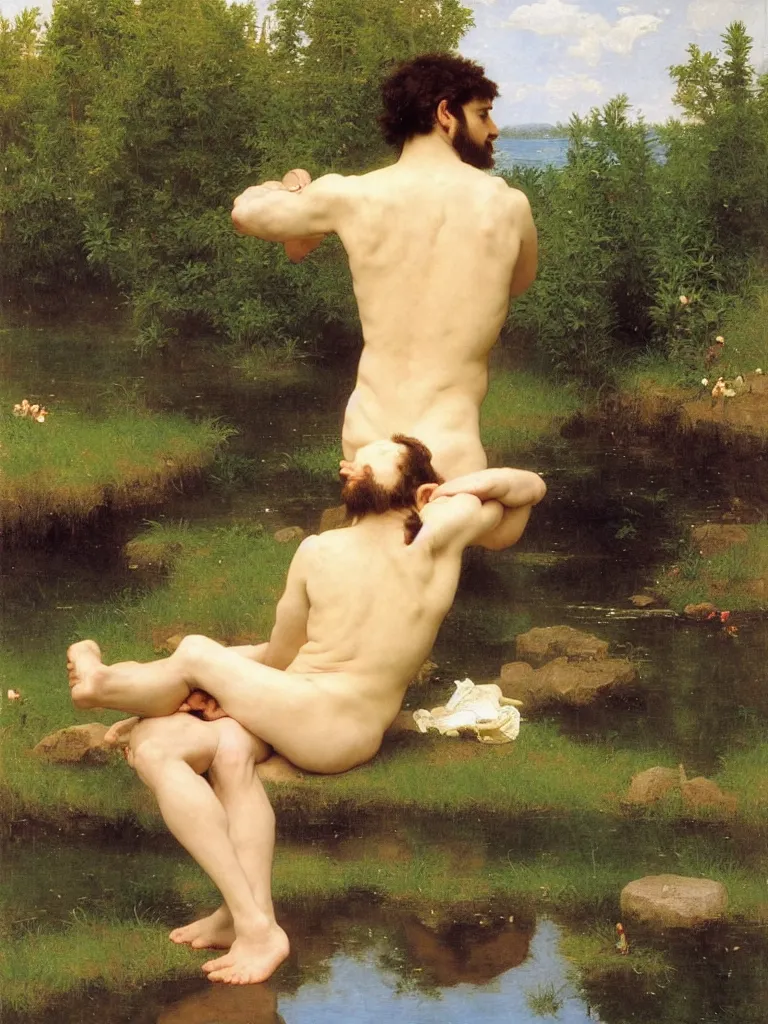 Prompt: perfect young hairy man bathing by the lake, the water is sparkling and shimmering, by bouguereau and by andrey remnev