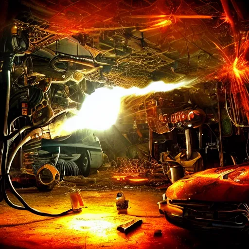 Prompt: oversized mokey wrench, tangles of metallic cables, dark messy smoke - filled cluttered workshop, dark, dramatic lighting, orange tint, sparks, plasma charges, cinematic, highly detailed, sci - fi, futuristic, movie still