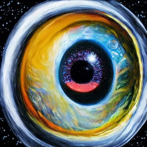 Image similar to a highly detailed photorealistic painting of a human eye reflecting outer space