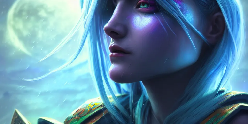 Image similar to ( ( ( ( ( hyperrealist distant portrait of sylvanas windrunner on a blue planet where it rains colors. ) ) ) ) ) by bayard wu, fantasy, photorealistic, octane render, unreal engine, dynamic lighting, trending on artstation, poster, volumetric lighting, very detailed faces, 4 k, award winning