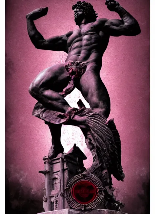 Image similar to dark design poster showing a statue of hercules, black background with very subtle red and purple design elements, powerful, nekro, guido crepax, graphic design, collage art, dark, glitch art, neo vaporwave, gritty, layout frame, square, trending on artstation