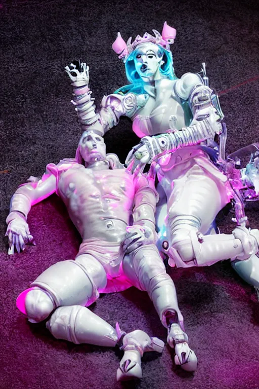 Prompt: full-body rococo and cyberpunk style neon statue of a muscular attractive Colby O'Donis macho dotado e rico android sim roupa reclining con las piernas abertas e la piroca dura, glowing white laser eyes, prince crown of pink gears, diamonds, swirling silver-colored silk fabric. futuristic elements. full-length view. space robots. human skulls. intricate artwork by caravaggio. Trending on artstation, octane render, cinematic lighting from the right, hyper realism, octane render, 8k, depth of field, 3D