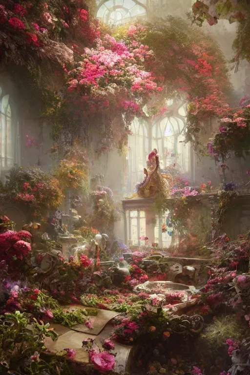 Prompt: a beautifull intricate victorian room with many flowers, intricate detailed color smashing fluid oilpaint, 3 d render, hyper realistic detailed, color leaves, ruan jia, wlop. scifi, fantasy, hyper detailed, octane render, concept art, by peter mohrbacher, by wlop, by ruan jia