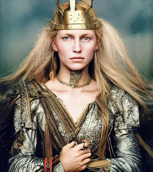 Image similar to portrait_photo_of_a_stunningly beautiful norse maiden queen, 19th century, hyper detailed by Annie Leibovitz, Steve McCurry, David Lazar, Jimmy Nelsson, professional photography