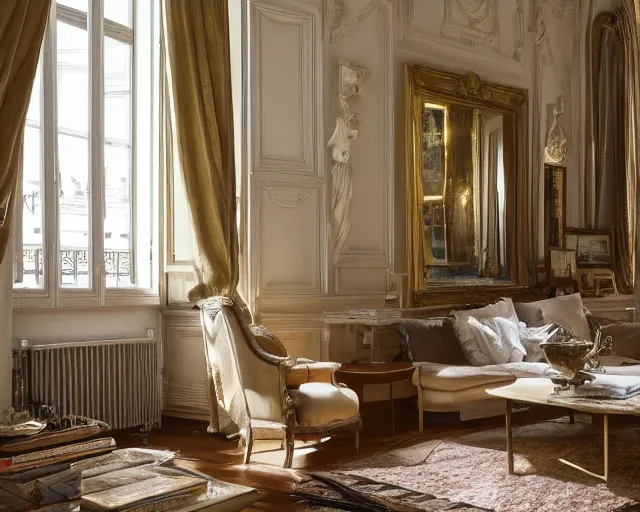 Image similar to a beautiful parisian apartment with and antique furniture with a view of the city, interior design, architecture, key lighting, soft lights, by steve hanks, by edgar maxence, by caravaggio, by michael whelan, by delacroix, by serov valentin, by tarkovsky, 8 k render, detailed, oil on canvas