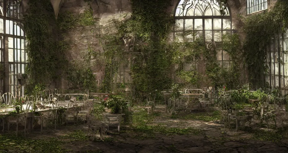 Image similar to night in a broken gothic walled greenhouse with dead plants, table in the center by Anne Stokes. octane Render, artstation, wallpaper, volumetric light..