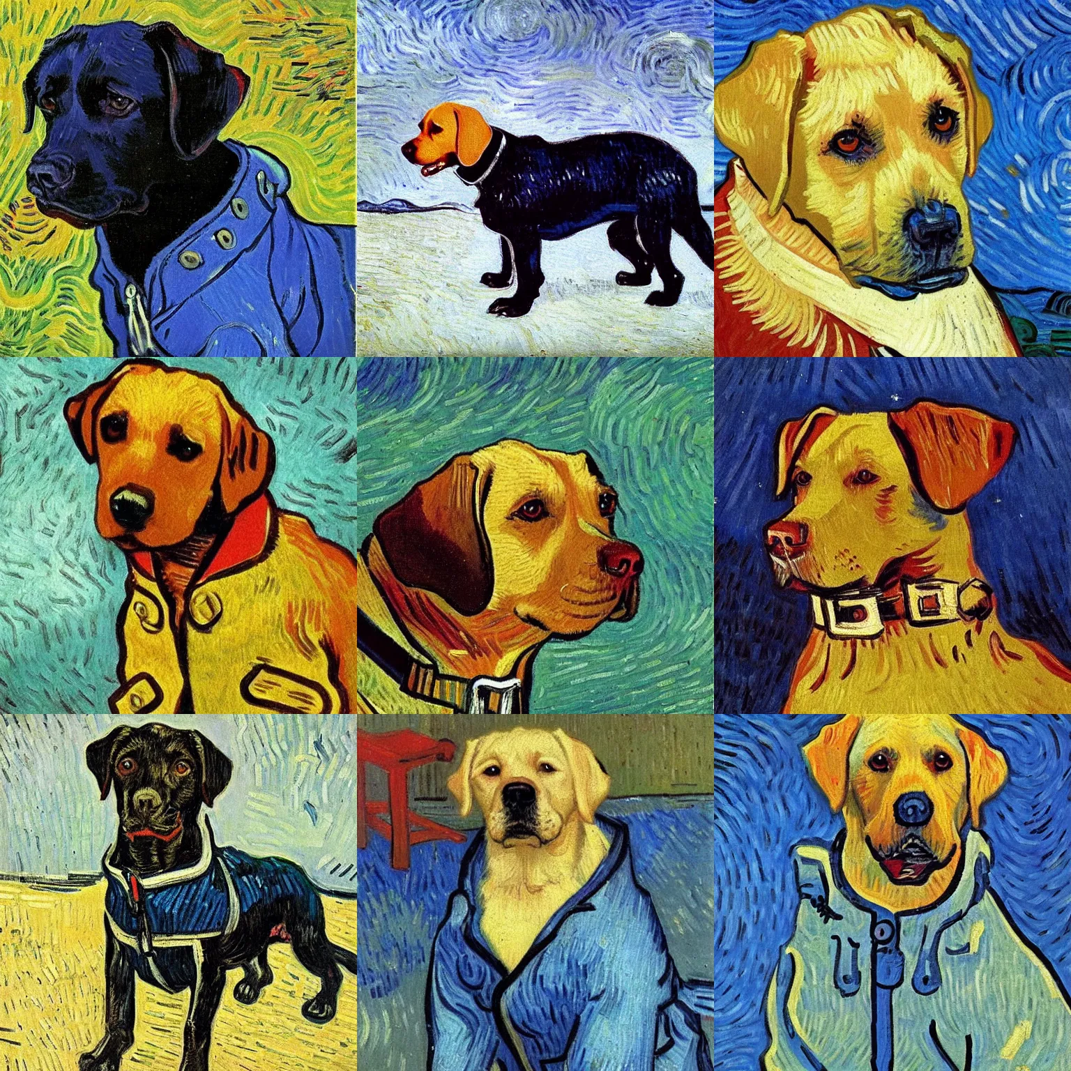 Prompt: a cute Labrador in a duffle coat, impressionist painting, painted by Van Gogh