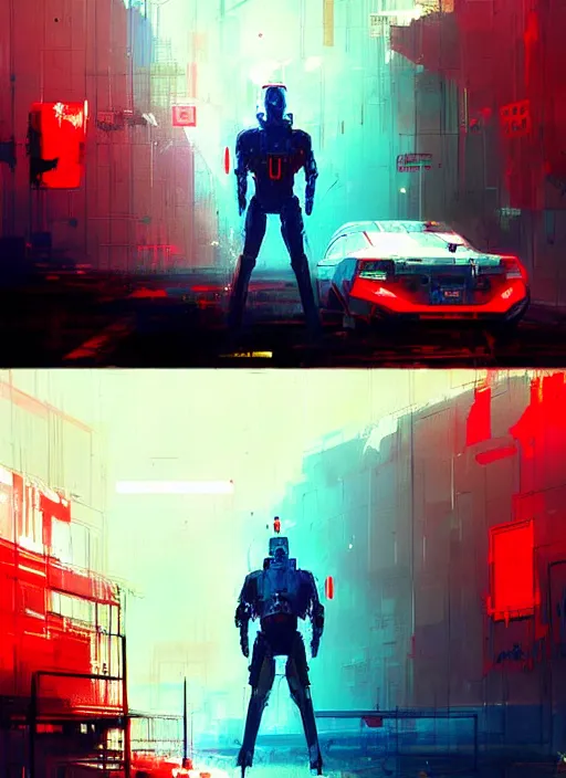 Image similar to sci - fi art, dolph lundgren as armored warrior, blue and red corridors in the background, art by ismail inceoglu