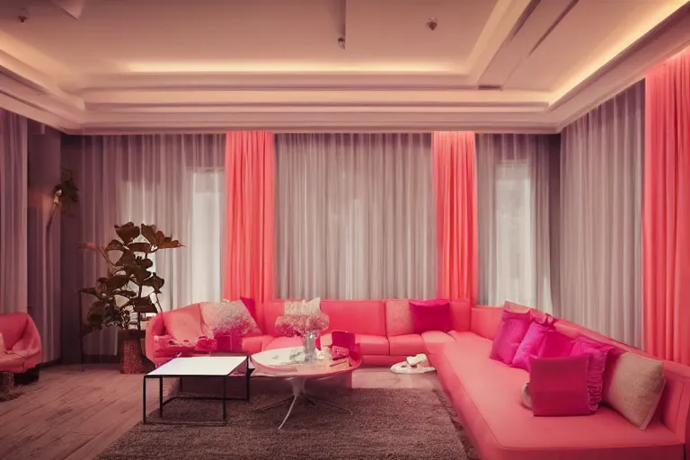 Prompt: cinematic interior establishing shot of a 7 0's living room, pink and orange, conversation pit, cocktail bar, party, artificial light, moody, evening atmosphere, interior design details
