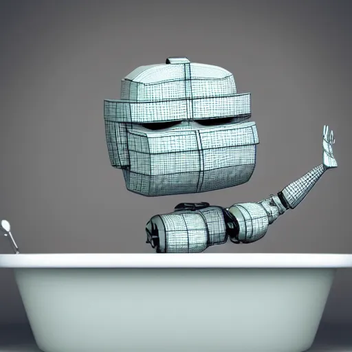 Image similar to A robot in a bathtub filled with money, 3d render