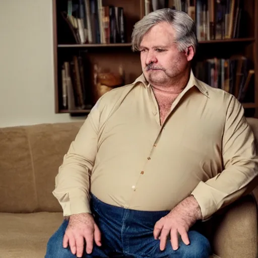 Prompt: full body photo of steve, mature male, mysterious face. he is a doctor. he is sitting gracefully on a sofa, elegant fat beige shirt. he has enormous belly