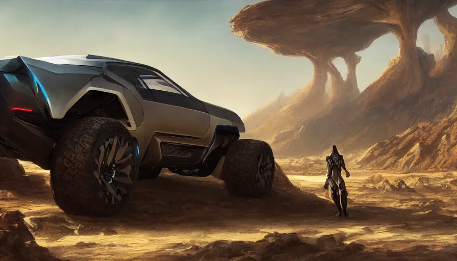 Image similar to a futuristic offroad suv designed by apple driving through socotra island, artgerm and greg rutkowski and alphonse mucha, an epic fantasy, volumetric light, detailed, establishing shot, trending on art station, octane render, midsommar