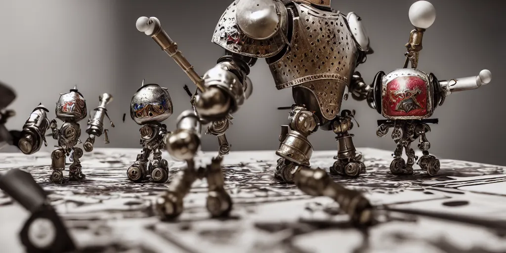 Image similar to closeup portrait of tin toy medieval knights fighting robots on white paper table in an artist workshop, depth of field, zeiss lens, detailed, centered, fashion photoshoot, by nicoletta ceccoli, mark ryden, lostfish, breathtaking, 8 k resolution, extremely detailed, beautiful, establishing shot, artistic, hyperrealistic, octane render