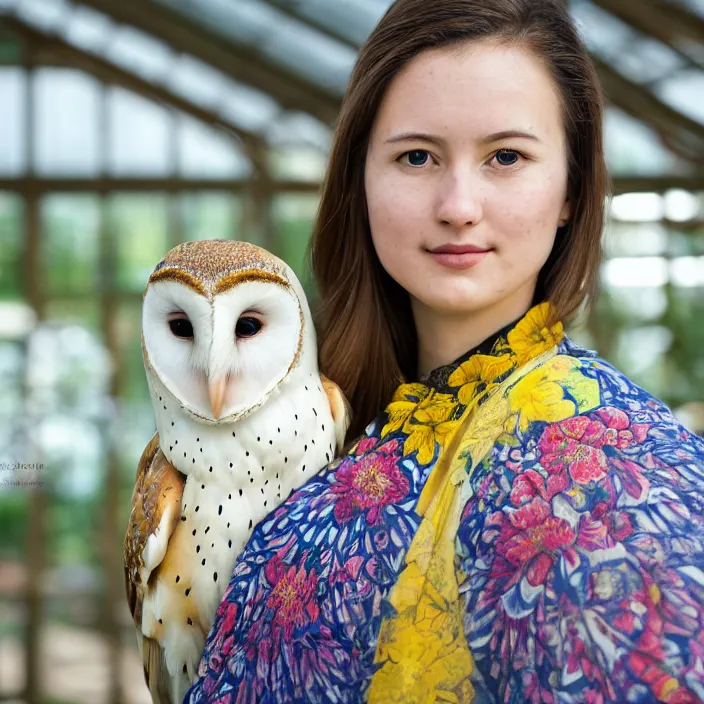 Prompt: portrait photograph of an extremely beautiful!!!! young female , symmetric face!, symmetric round detailed eyes!!, slight smile, natural light, wearing a yellow kimono!! with a very detailed barn owl! on her shoulder in a tropical greenhouse. looking at the camera!!. super resolution. Extremely detailed. Graflex camera!, bokeh!!!!!. art by alphonse mucha