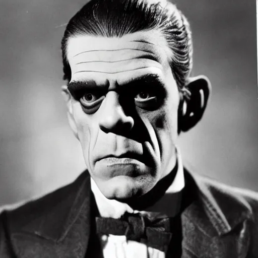 Image similar to boris karloff as frankenstein, dressed in a thirties suit and bowtie