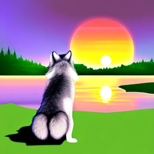 Image similar to view from behind of fluffy baby grey wolf sitting on the shore of a pond, looking out at a sunset, digital art, award winning stunning illustration