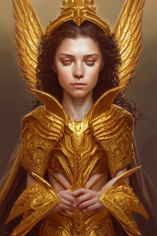 Prompt: portrait of a young beautiful Saint Celestine, intricate golden armor with angel wings, Warhammer-inspired, fantasy, intricate, beautiful eyes, realistic, cinematic lighting, highly detailed, digital painting, Artstation, concept art, smooth, sharp focus, illustration, art by Artgerm and Greg Rutkowski and Alphonse Mucha