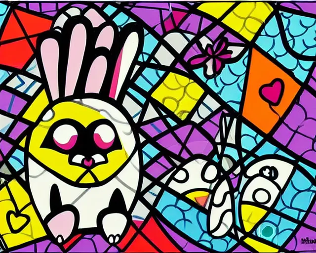 Image similar to a very cute netherland dwarf black bunny, art by romero britto