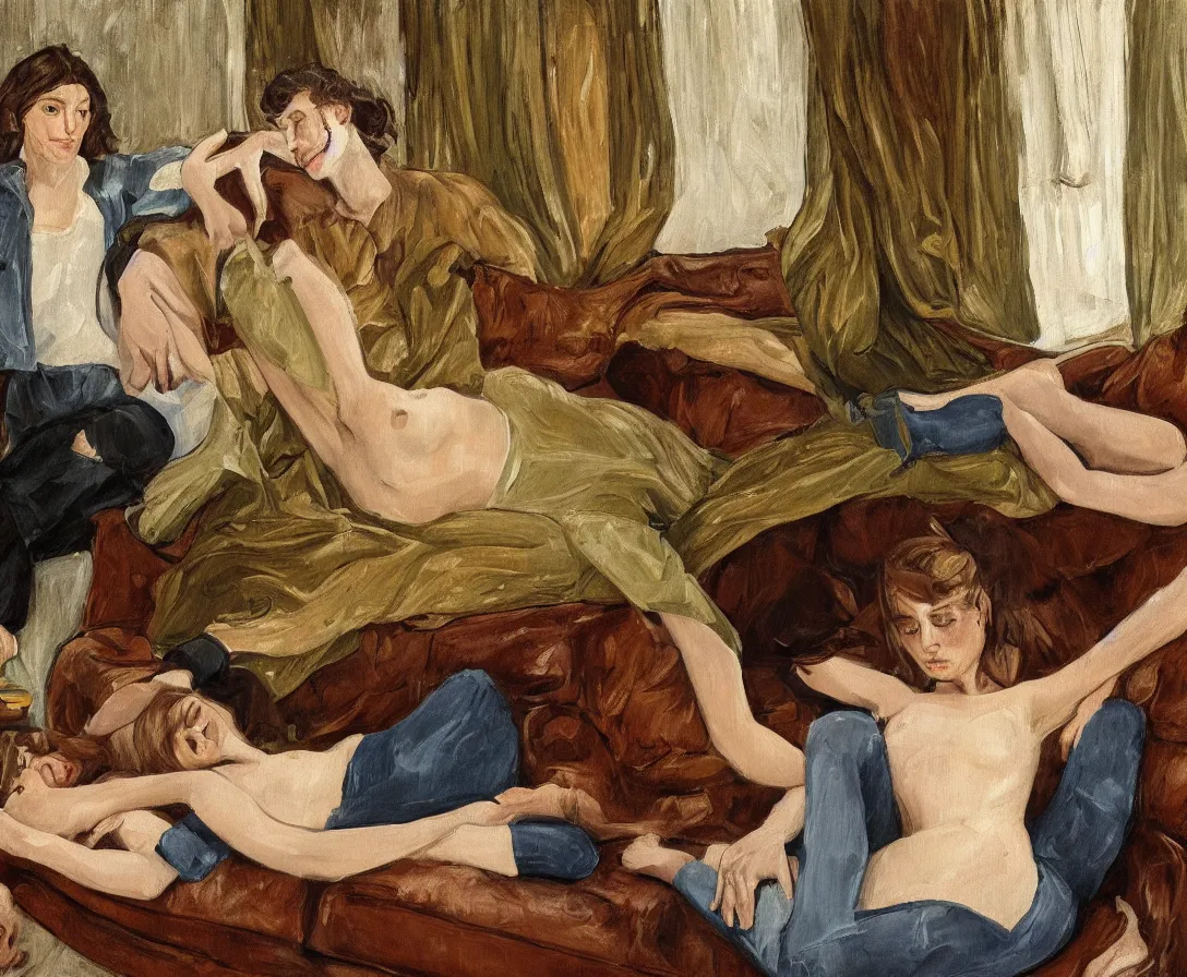 Image similar to portrait of bella and esther lying horizontal, in an old english apartment on a brown leather sofa. one is wearing a dark blue sweather, the other a white shirt. brown hair, they are looking into the camera. wide shot. in the style of lucien freud. oil painting. green mood. isometric perspective
