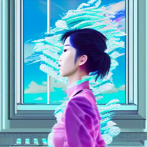 Prompt: a highly detailed and realistic concept art with an Asian female model in a vaporwave artwork composition, Windows98 logo, 8k, intricate, pastel colors