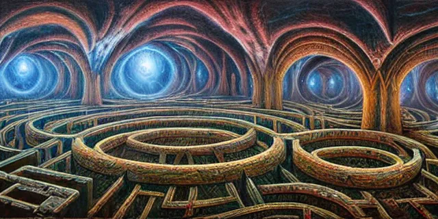 Image similar to painting of a ancient labyrinth in the style of nebulapunk by dan seagrave and tomasz alen kopera