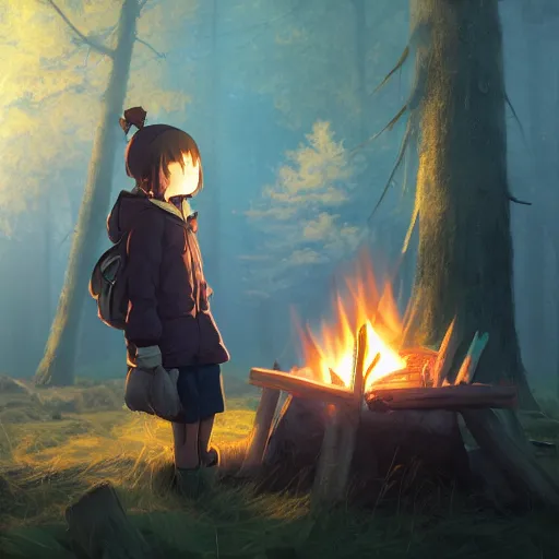 Image similar to yuru camp anime campfire hyperdetailed blue eyes, trending on artstation, cinematic lighting, highly realistically detailed, trending on pixiv , Unreal Engine 4k, detailed faces, manga cover, official anime key visual by greg rutkowski