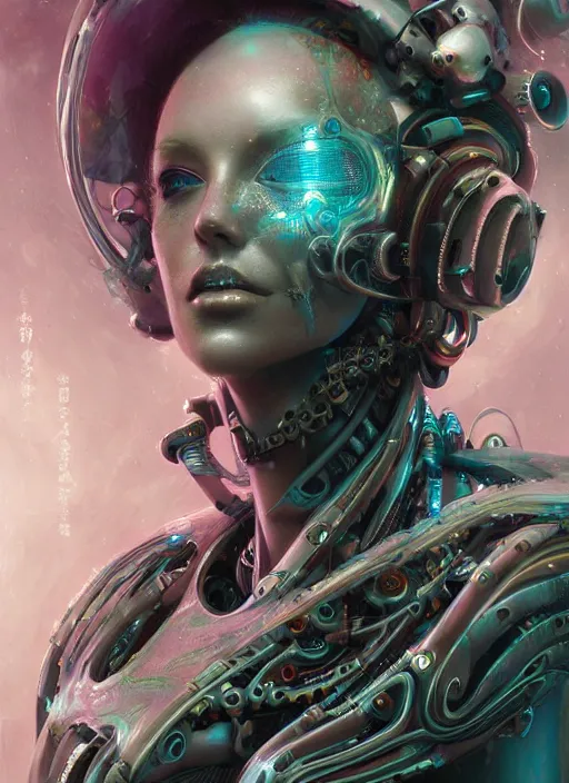 Prompt: a beautifull futuristic biomechanical humanoid woman side portrait with pretty face in intricate detailed color smashing fluid oilpaint, melting wax, thin fractal tendrils, futuristic digital painting, cyberpunk, 8 k, hyper detailed, octane render, concept art, by peter mohrbacher, by wlop, by ruan jia,