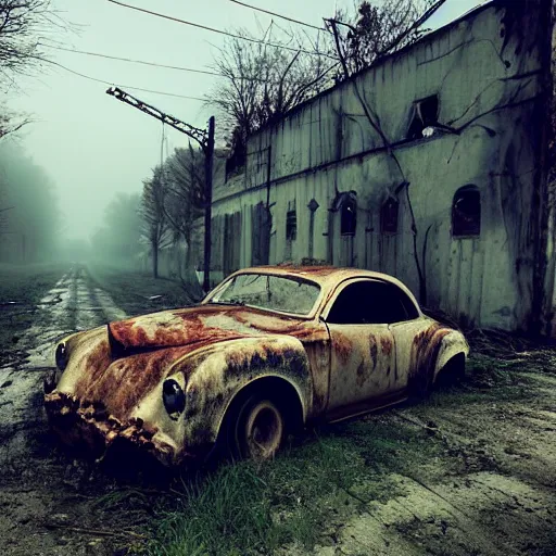 Image similar to apocalyptic, ruined town, abandoned streets, littered, decrepit homes and sheds on the side of the road, slowly being reclaimed by nature. rusted tesla car. fog, dew, rain, volumetric lighting, beautiful, summer morning dew, sharp focus, ultra detailed, cgsociety - w 1 0 2 4 - n 8 - i