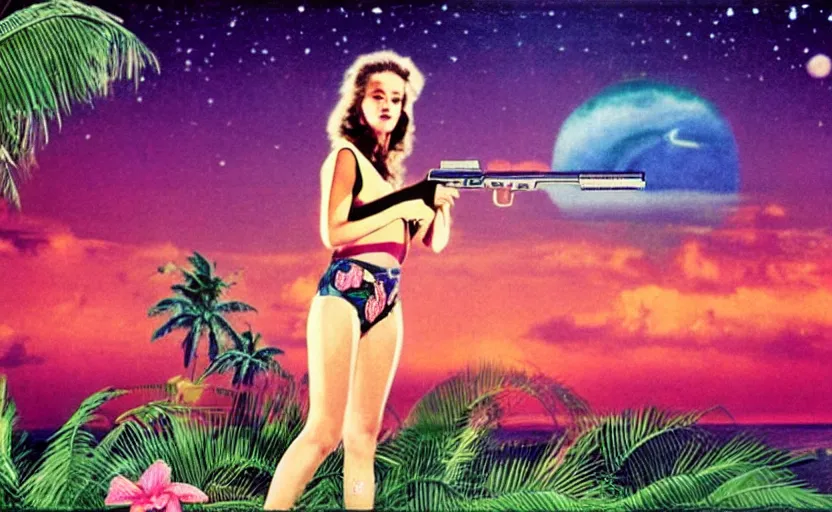 Prompt: 1 9 8 6 vintage movie screencap of a girl with a gun on a narco mansion, gucci clothes, night sky, beach and tropical vegetation on the background major arcana sky and occult symbols, 1 9 8 6 photo