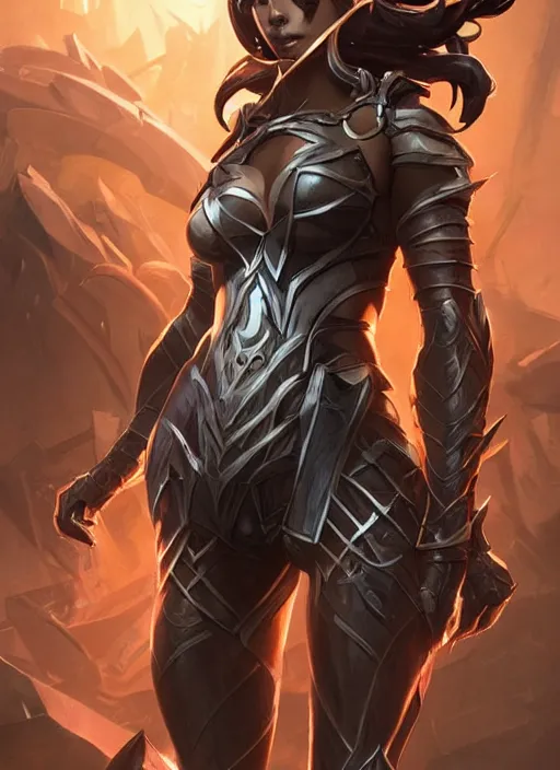 Image similar to poster!! beautiful new female character for league of legends, character concept art, action pose, illustration, full body armor, steel plating, huge weapon, super powers, athletic, symmetry, intricate design, shiny, highly detailed, hd, dramatic lighting, art by artgerm and greg rutkowski