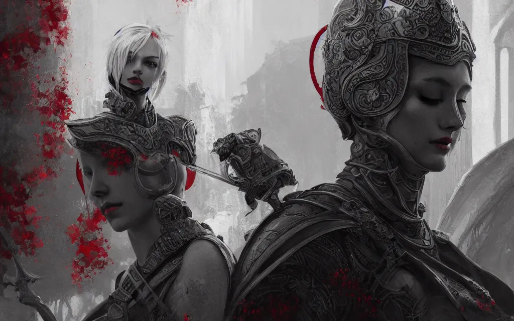 Image similar to portrait grey hair knights of zodiac girl + smoky eyes, matt black / little red color armor in ruined agora of athens, ssci - fi and fantasy, intricate and beautiful and elegant, highly detailed, digital painting, artstation, concept art, smooth and sharp focus, illustration, art by tian zi and wlop and alphonse mucha