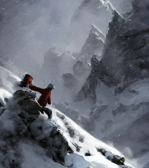 Image similar to a climber climbs a snowy mountain in a storm, close view, painting by craig mullins, octane rendering, soft morning lighting, wide angle lens, in the style of hayao miyazaki, trending on artstation,