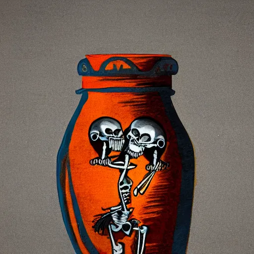 Prompt: skeletons running, painted on a roman jar, abstract, orange theme, 8k resolution, sodium light