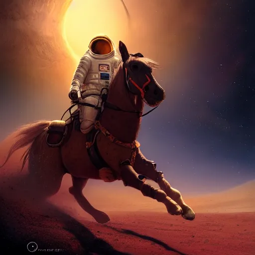 Prompt: centered portrait of the astronaut riding a horse in Mars, realistic character concept, high fantasy, light atmosphere, golden ratio, wide shot, cinematic lighting, hyperdetailed, high detailed, high resolution, insanely detailed and intricate, artstation, Marc Simonetti, Greg Rutkowski, octane render, unreal engine, 8k