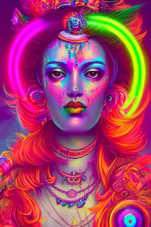 Prompt: a beautiful hindu goddess engulfed in colorful liquid smoke and neon clouds, a colorful psychedelic experience, dmt, lsd, face, highly detailed, artstation, concept art, matte, sharp focus, illustration, digital art by hana yata, and artem demura and beeple, octane render, unreal engine, 8 k