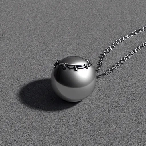 Image similar to futuristic ball chain silver necklace with 3 d behelit pendant with glowing eyes, octane render, hd, raytraced, product