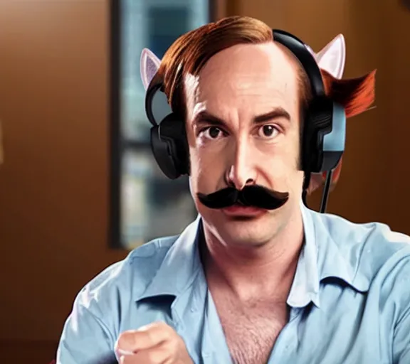 Prompt: Saul Goodman gaming at a pc, mustache, wearing cat ears headphones, movie still, photorealistic, movie shot