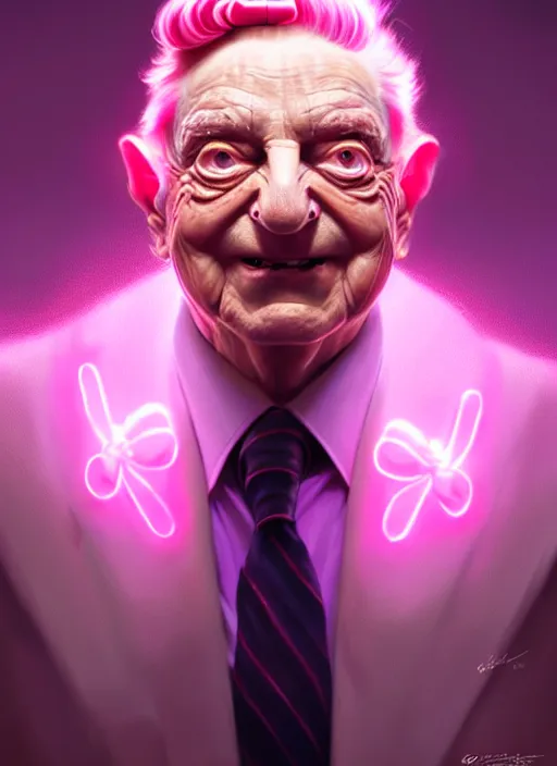 Image similar to portrait of george soros, realistic, smile, ugly, defined jawline, pink hair bow, intricate, elegant, glowing lights, highly detailed, digital painting, artstation, sharp focus, illustration, art by wlop, mars ravelo and greg rutkowski