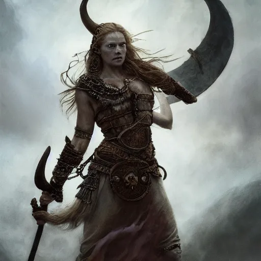 Prompt: Official full-body photo of a majestic fierce viking woman, leader, mind-blowing details, ethereal, fear, scarred, highly detailed, viking attire, cinematic, 16k, 1080s, smooth, sharp focus, by Stanley Artgermm, Tom Bagshaw, Greg Rutkowski, Vincent di Fate, Carne Griffiths, Ayami Kojima, WLOP, trending on DeviantArt, hyper detailed, full of color, digital art, Vibrant colors, Smooth gradients, High contrast, depth of field, aperture f2.8