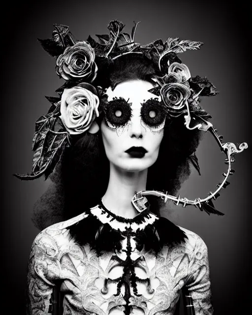 Image similar to surreal dark poetic black and white photo portrait of complex bio-mechanical beautiful young silver female-vegetal-cyborg with a fur metal fine lace face, a very long neck and a fine metal floral foliage super big gothic lace collar and very high big floral crown with many black dry roses by Vivienne Westwood:: smoke, high fashion, haute couture, rococo, avant-garde, silver filigree details, anatomical, facial muscles, cable wires, microchip, elegant, dreamy, foggy atmosphere, hyper realistic, 150 mm lens, soft rim light, octane render, unreal engine, picture was taken in 1910 by Man Ray, volumetric lighting, dramatic light,8k,