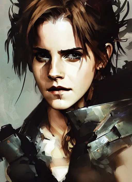 Image similar to emma watson wearing metal gear armor dramatic lighting art by Richard Schmid by Yoji Shinkawa by greg rutkowski by Sandra Chevrier by Jeremy Lipking