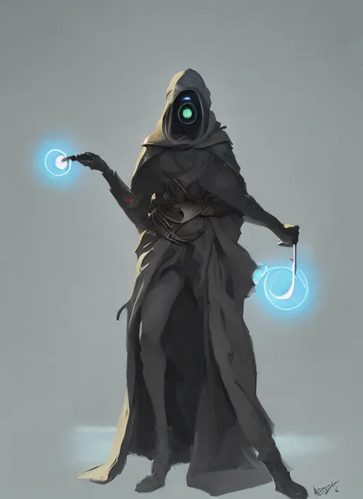 Image similar to concept art of a character with a black robe, glowing eye, digital art, trending on artstation, peter mohrbacher and greg rutkowski